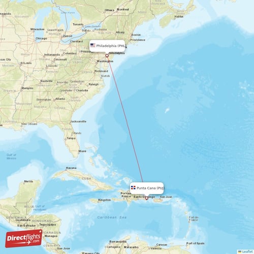 Philadelphia - Punta Cana direct flight map