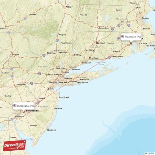 Philadelphia - Providence direct flight map