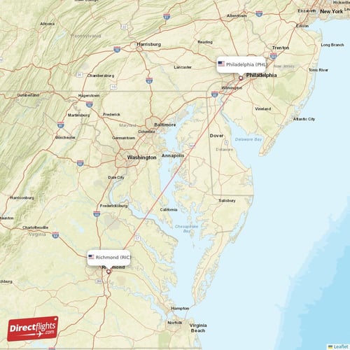 Philadelphia - Richmond direct flight map