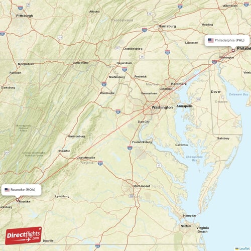 Philadelphia - Roanoke direct flight map