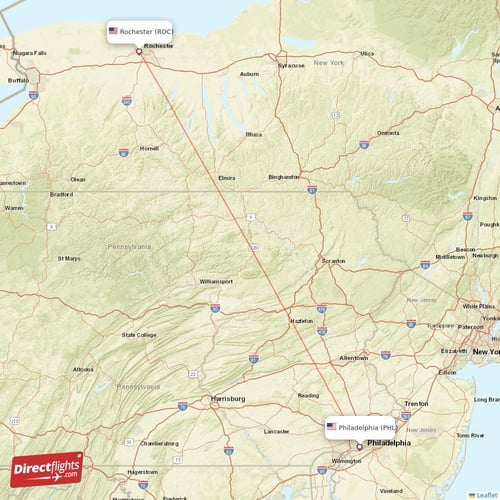 Philadelphia - Rochester direct flight map