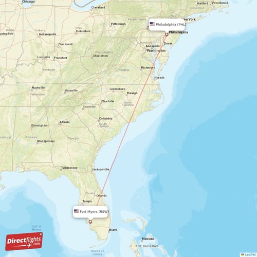 Philadelphia - Fort Myers direct flight map
