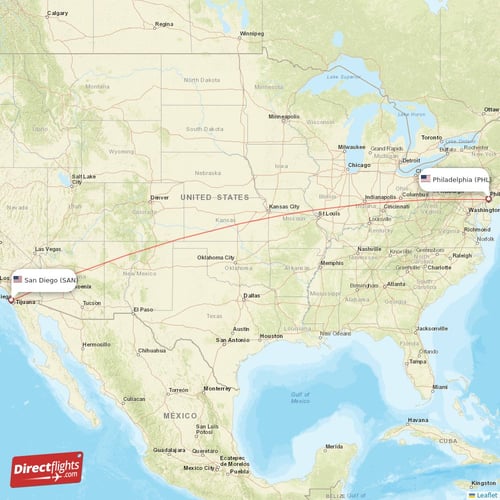 Philadelphia - San Diego direct flight map