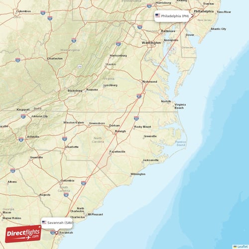 Philadelphia - Savannah direct flight map