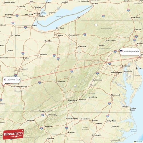 Philadelphia - Louisville direct flight map