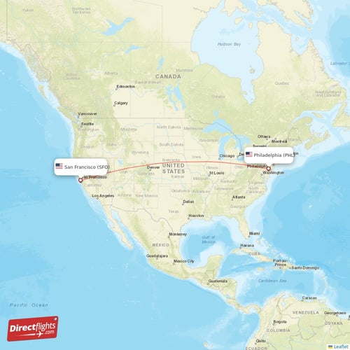 Philadelphia - San Francisco direct flight map