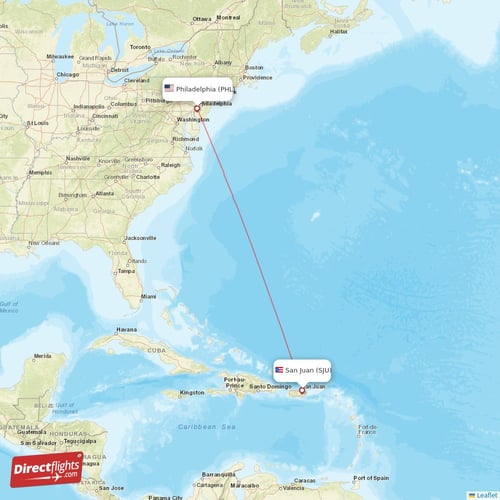 Philadelphia - San Juan direct flight map