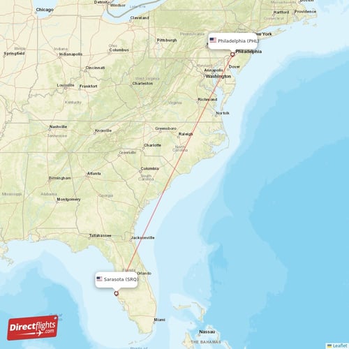 Philadelphia - Sarasota direct flight map