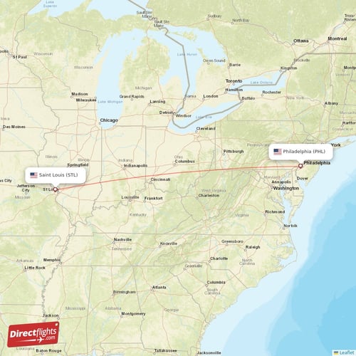 Philadelphia - Saint Louis direct flight map