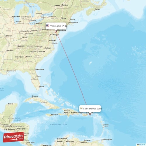 Philadelphia - Saint Thomas direct flight map