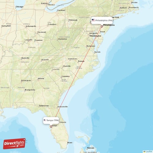 Philadelphia - Tampa direct flight map