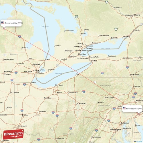 Philadelphia - Traverse City direct flight map