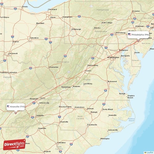 Philadelphia - Knoxville direct flight map