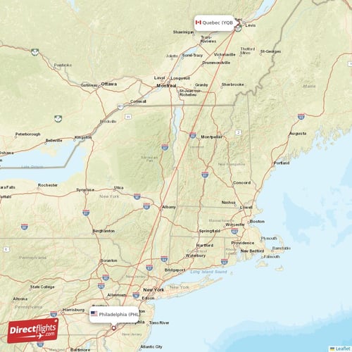 Philadelphia - Quebec direct flight map