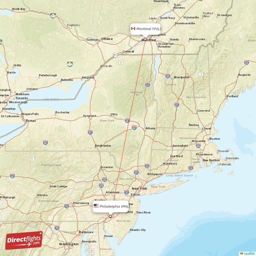 Philadelphia - Montreal direct flight map