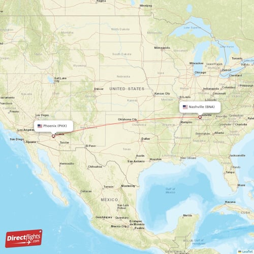 Phoenix - Nashville direct flight map