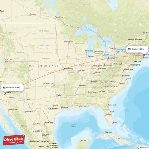 Phoenix - Boston direct flight map