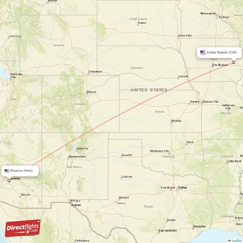 Phoenix - Cedar Rapids direct flight map