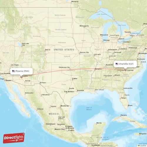 Phoenix - Charlotte direct flight map
