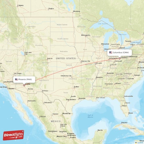 Phoenix - Columbus direct flight map