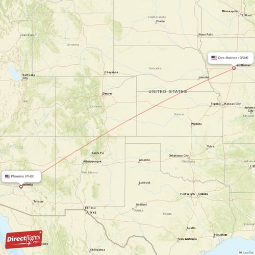 Phoenix - Des Moines direct flight map