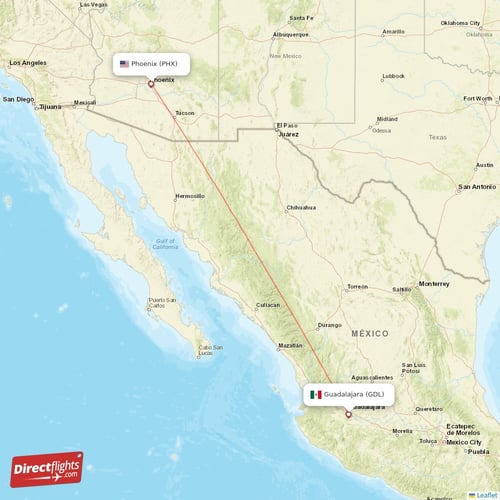 Phoenix - Guadalajara direct flight map