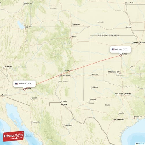 Phoenix - Wichita direct flight map