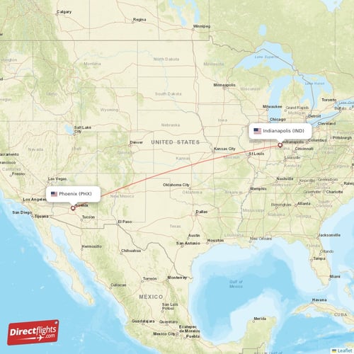 Phoenix - Indianapolis direct flight map