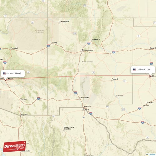 Phoenix - Lubbock direct flight map