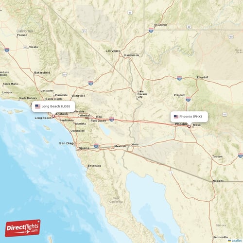 Phoenix - Long Beach direct flight map