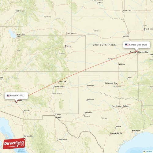 Phoenix - Kansas City direct flight map