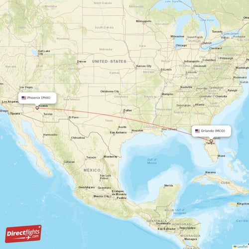 Phoenix - Orlando direct flight map