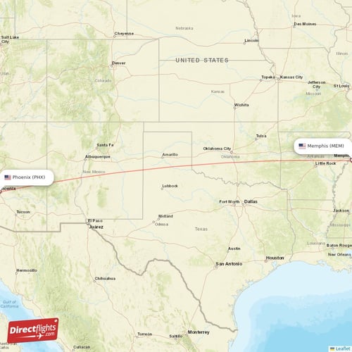 Phoenix - Memphis direct flight map