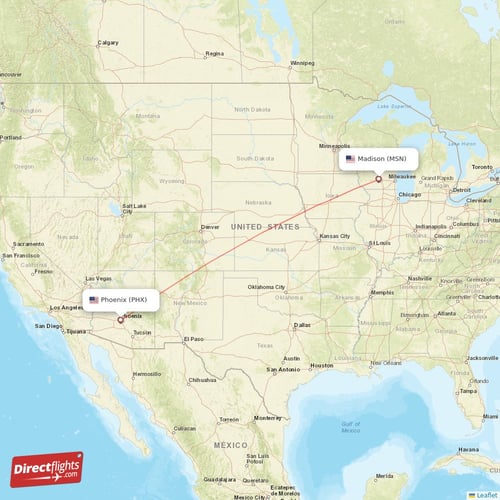 Phoenix - Madison direct flight map