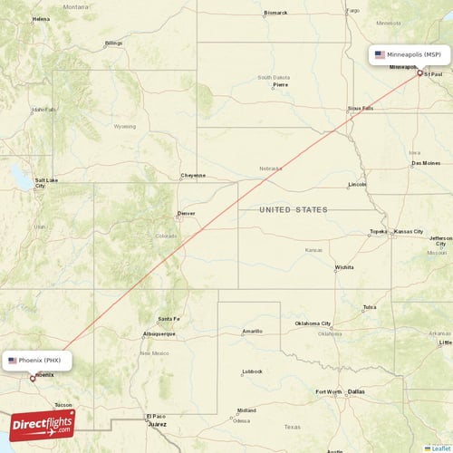 Phoenix - Minneapolis direct flight map