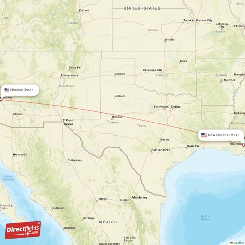 Phoenix - New Orleans direct flight map
