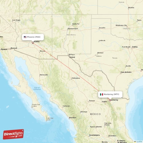 Phoenix - Monterrey direct flight map