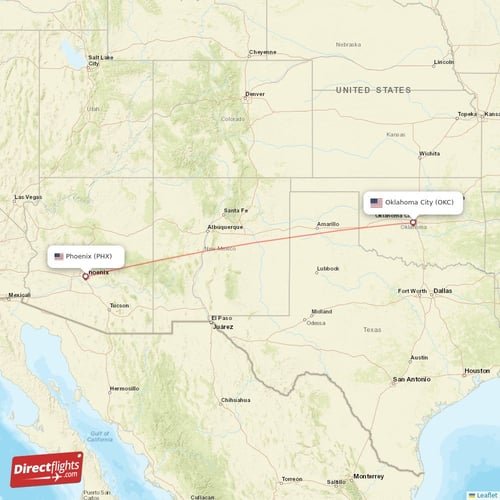 Phoenix - Oklahoma City direct flight map