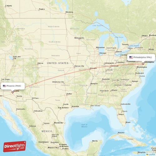 Phoenix - Philadelphia direct flight map