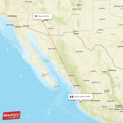 Phoenix - Puerto Vallarta direct flight map