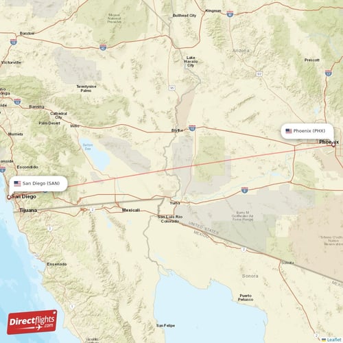 Phoenix - San Diego direct flight map