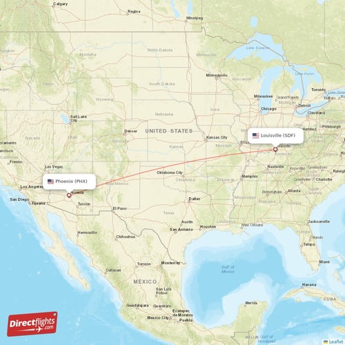 Phoenix - Louisville direct flight map