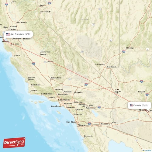 Phoenix - San Francisco direct flight map