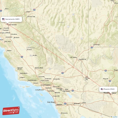 Phoenix - Sacramento direct flight map