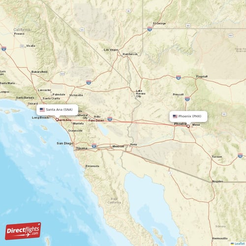 Phoenix - Santa Ana direct flight map