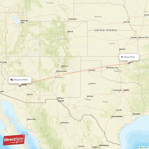 Phoenix - Tulsa direct flight map