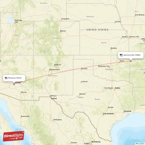 Phoenix - Bentonville direct flight map