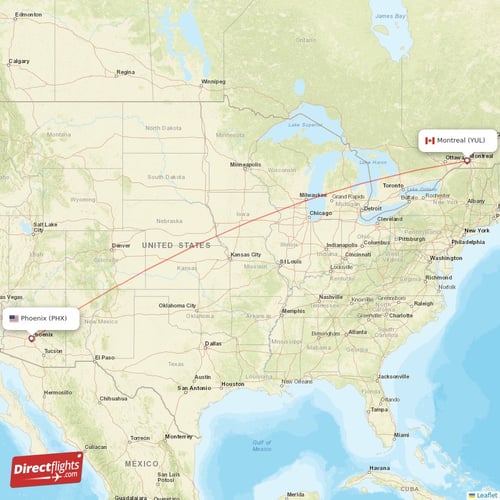 Phoenix - Montreal direct flight map