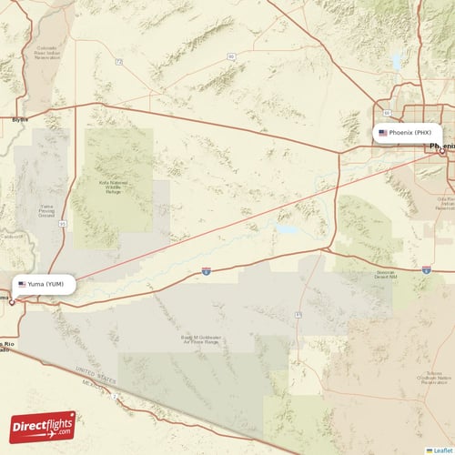 Phoenix - Yuma direct flight map