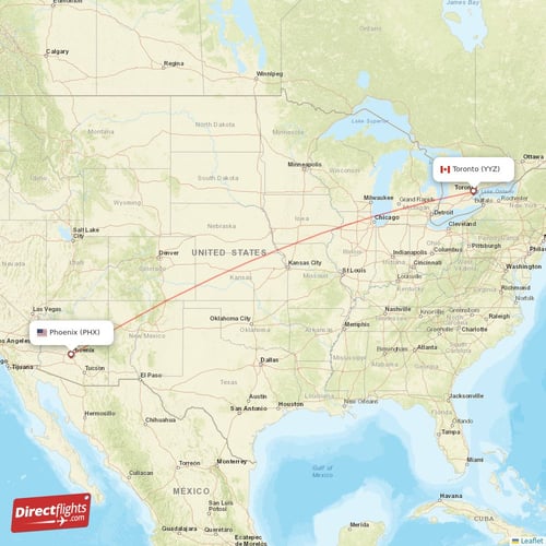 Phoenix - Toronto direct flight map